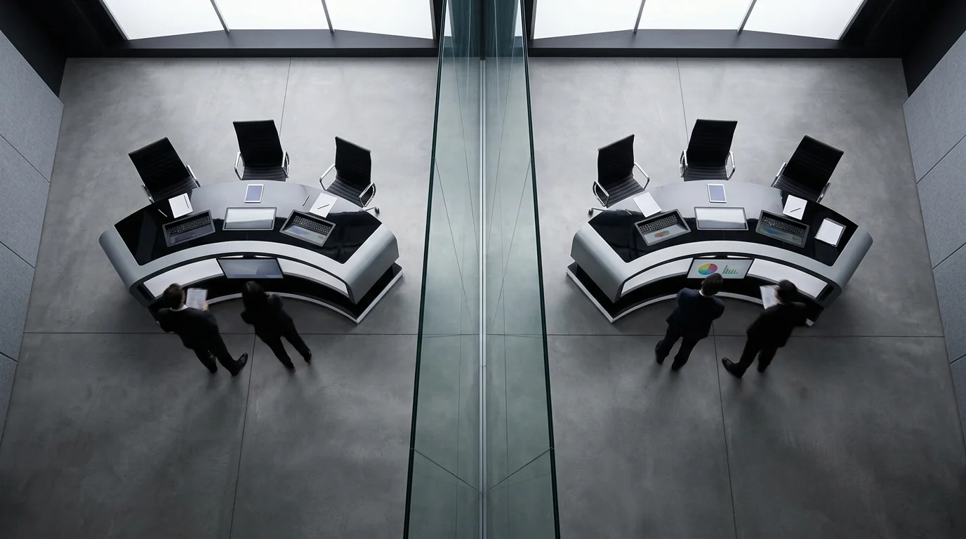 Conceptual broadcast desks separated by glass to represent editorial independence.