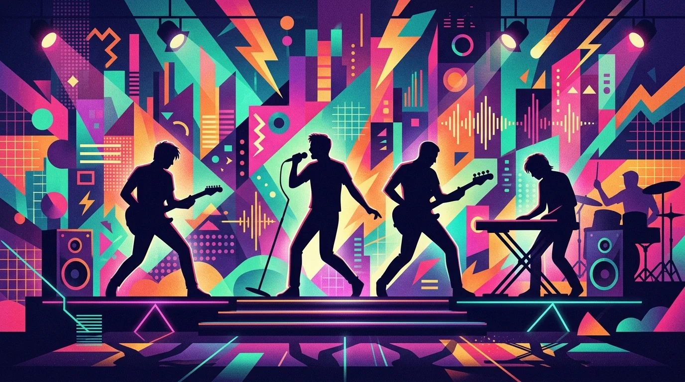 Abstract geometric shapes and musician silhouettes in 1980s style colors.