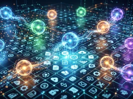 Conceptual illustration of AI agents managing enterprise data workflows.