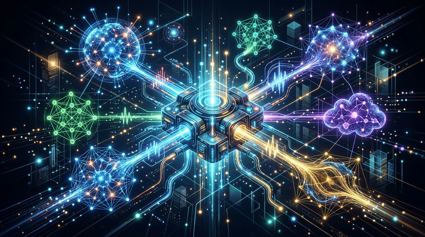 Abstract visualization of AI model routing and workflow engines.
