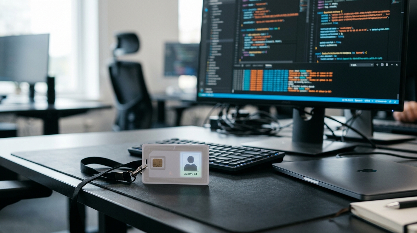 A digital keycard on a desk representing internal security access.