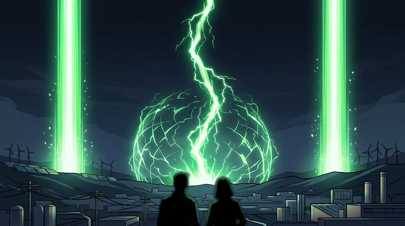 Three emerald energy beams of varying stability and shape.