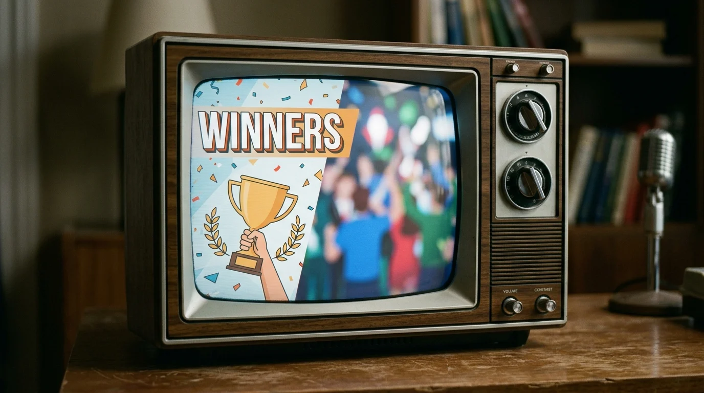 Conceptual image of a television monitor showing a winners announcement.