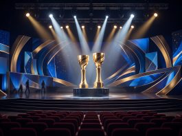 Two gold awards trophies on a stage under spotlights.