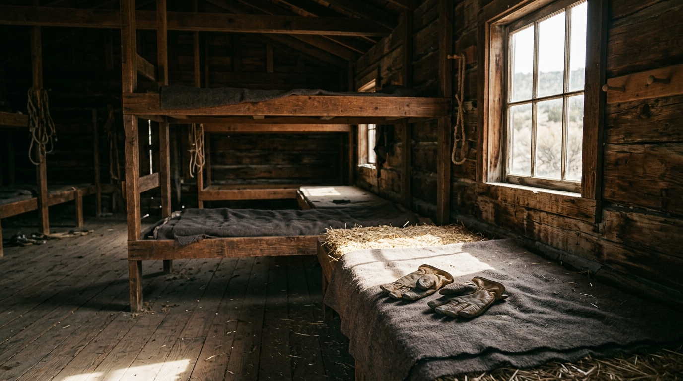 Interior of an empty rustic bunkhouse with sunlit dust motes.