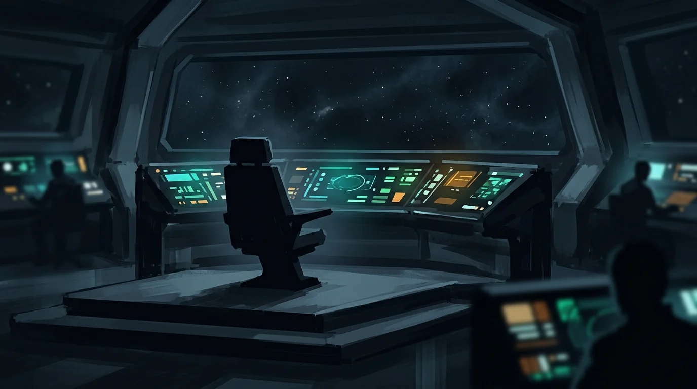 An empty command chair on a darkened starship bridge silhouette.