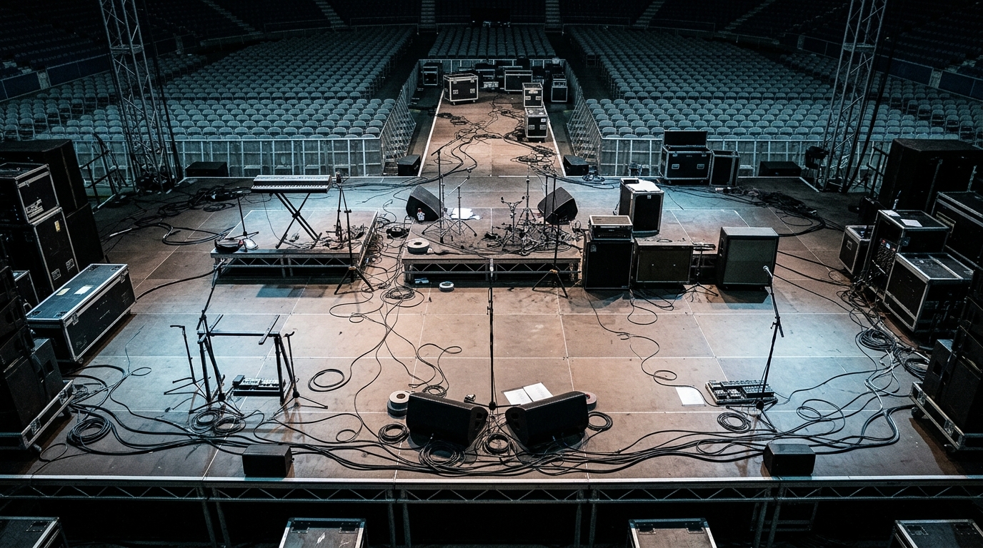 Empty stage equipment and tangled wires in a stadium setting