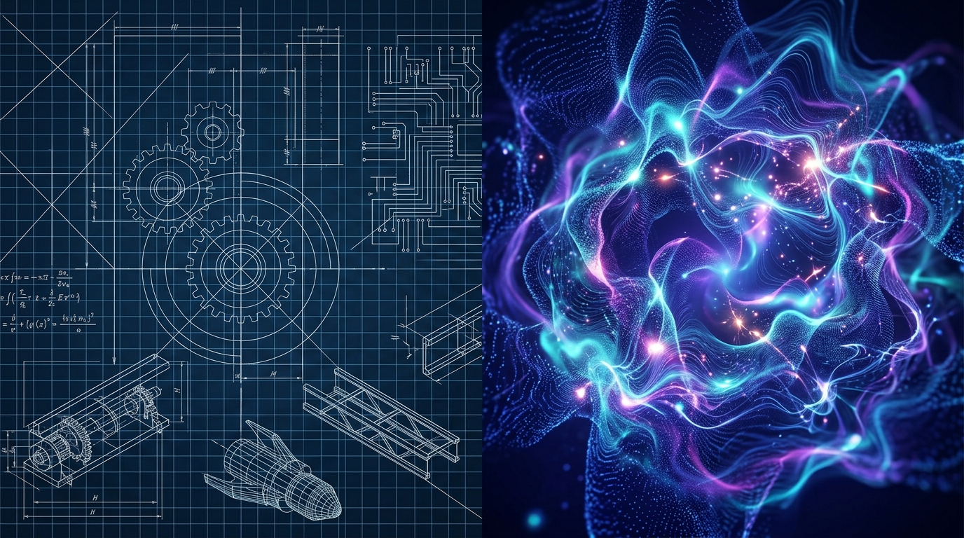 Conceptual split between rigid engineering blueprints and abstract digital intelligence.