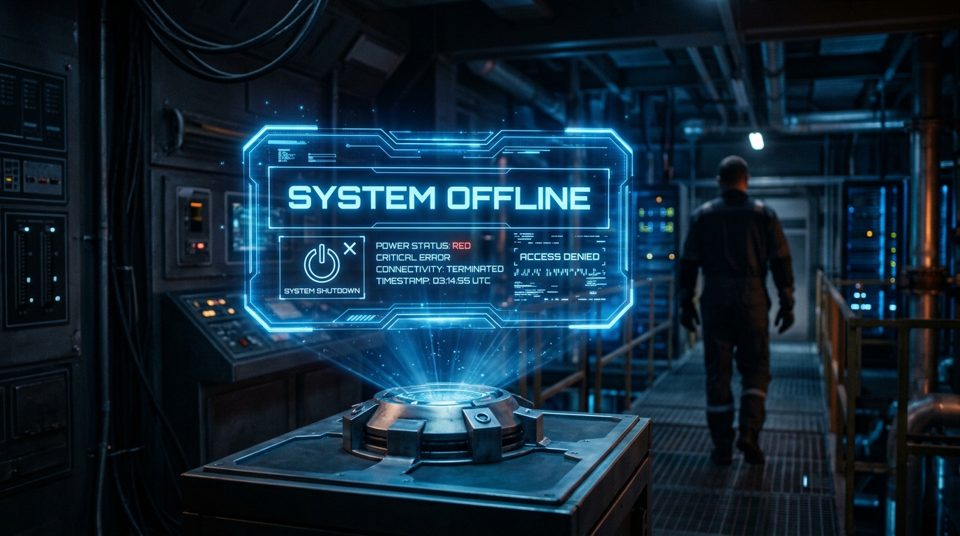 A holographic display showing a system shutdown message.