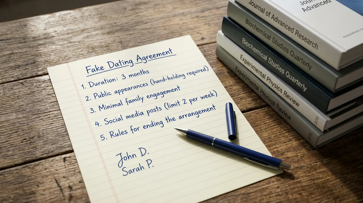 A handwritten list titled Fake Dating Agreement on a desk with scientific books.