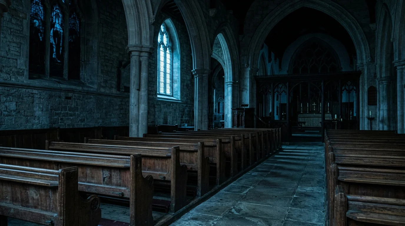 A dark and atmospheric church interior with empty pews