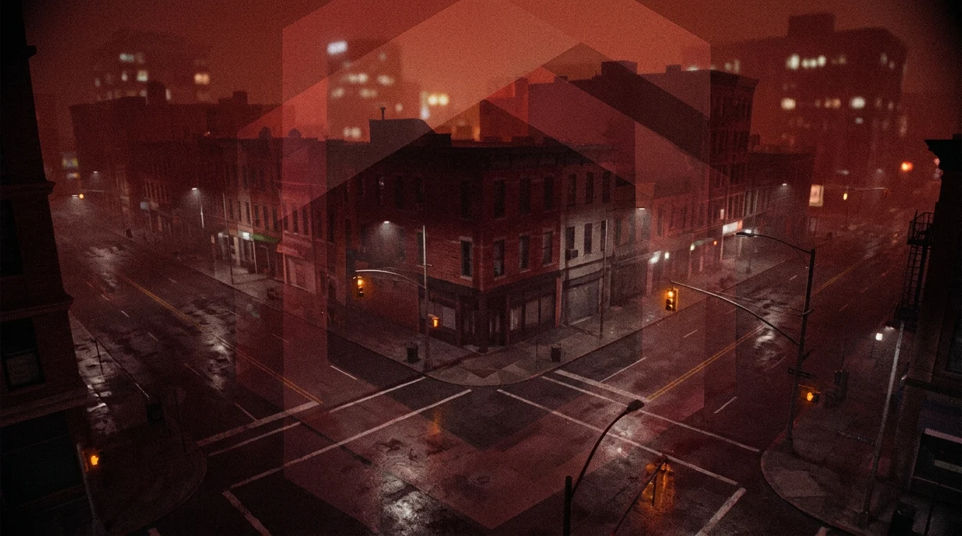 A grainy surveillance-style image showing a city with red light and geometric anomalies.