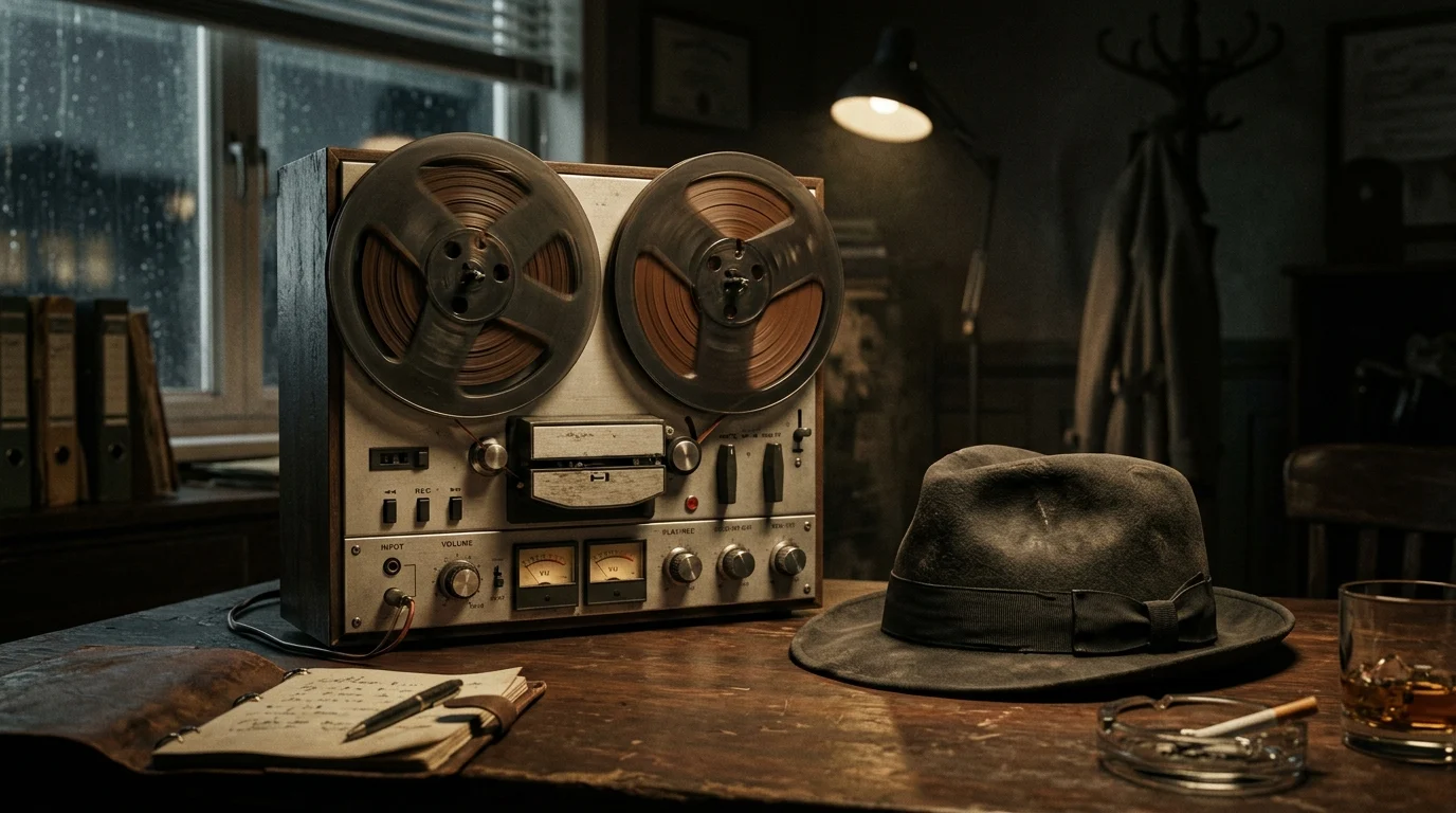 Vintage recording equipment and a hat on a desk, suggesting an investigation.