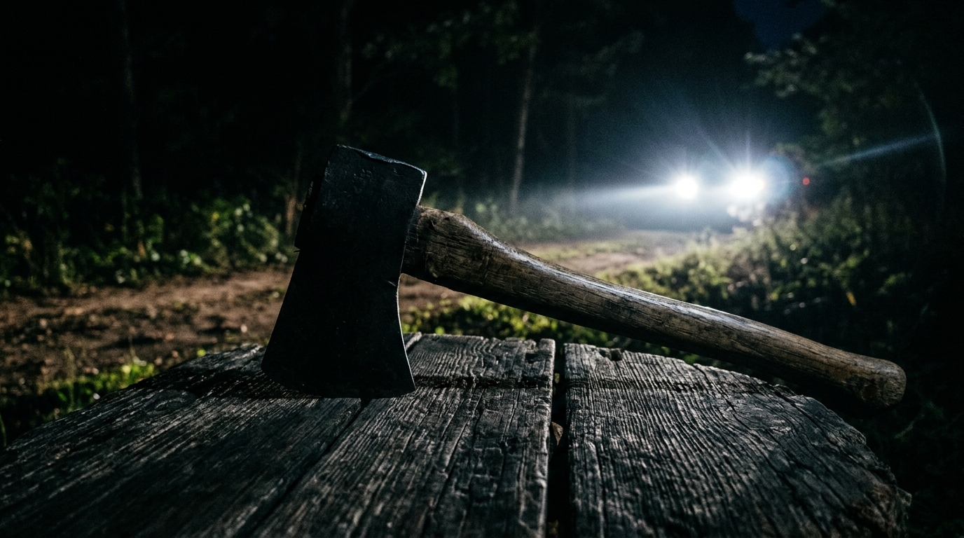 A silhouette of an axe and car headlights symbolizing a thematic link between historical crimes across different eras.