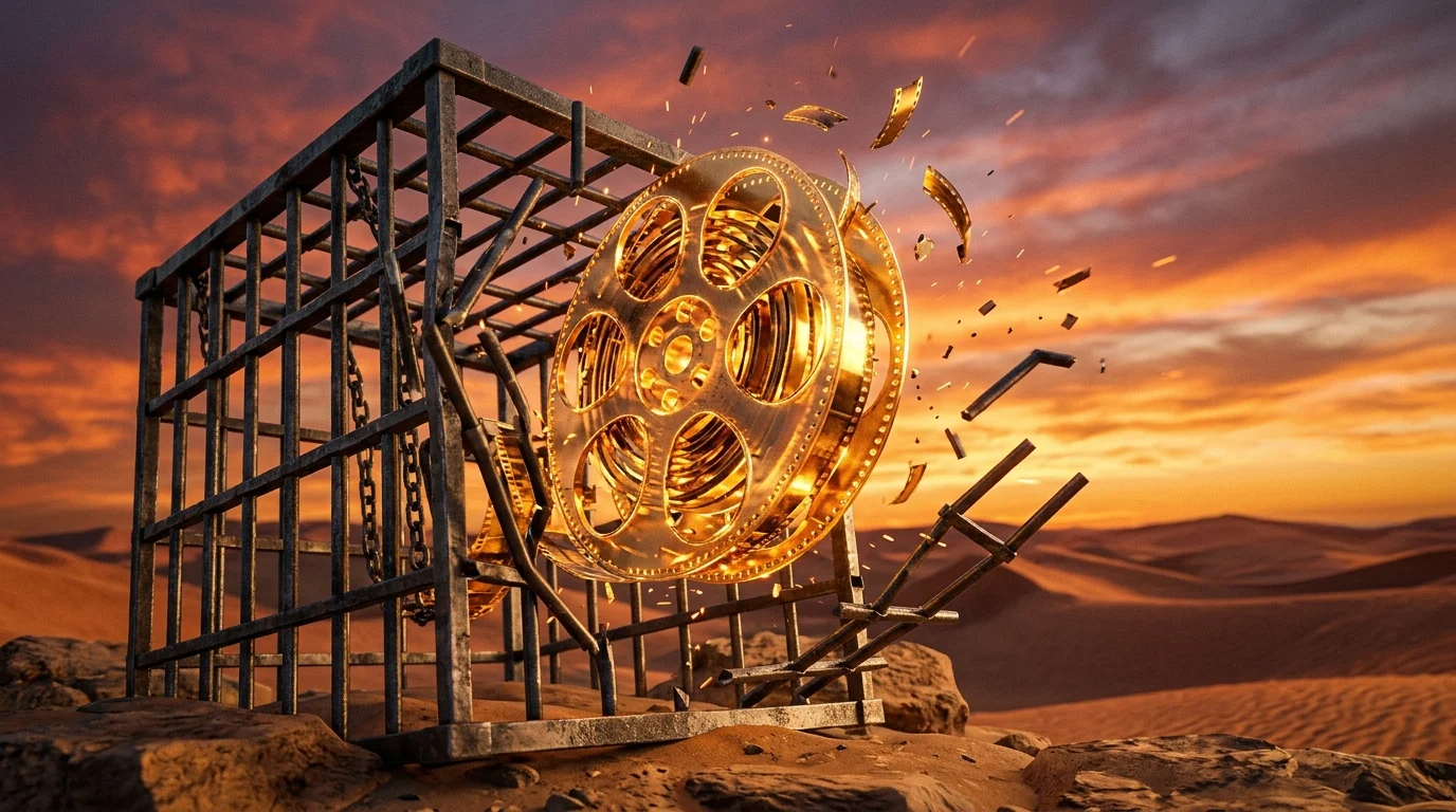 A conceptual 3D render of a film reel breaking out of a cage.