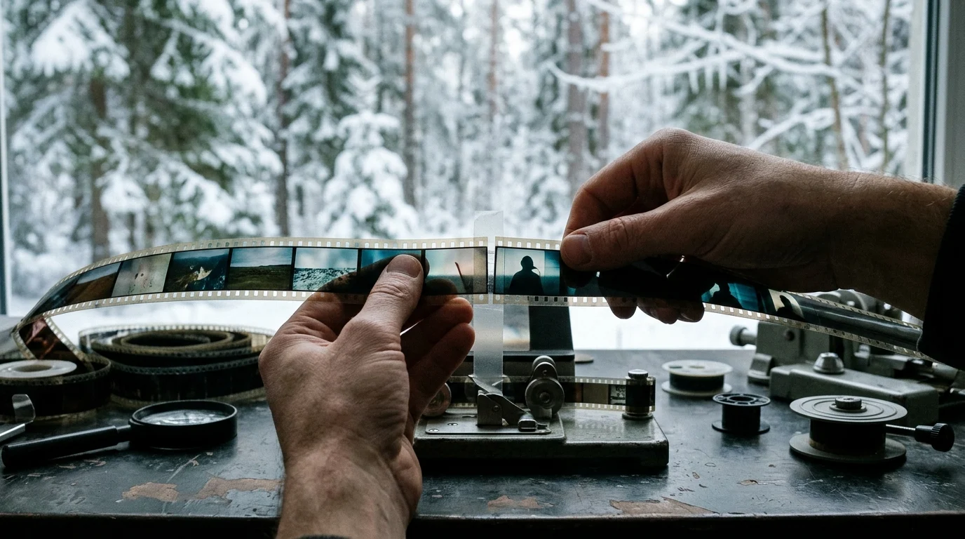 A conceptual image of film strips being spliced together against a cold, blurred background.