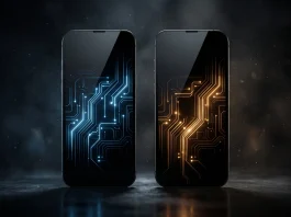 Conceptual rendering of two flagship smartphones side-by-side with abstract light patterns.