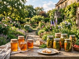 A rustic garden setting with artisanal food products on a wooden table.