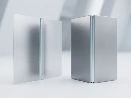 A conceptual visualization of a thin foldable device in both open and closed positions to show thickness.