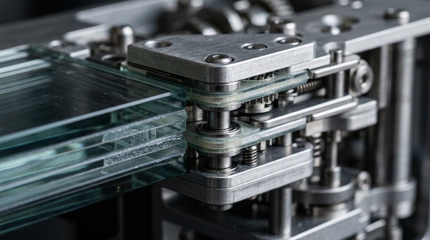 Close-up of a mobile hinge mechanism showing display layers.