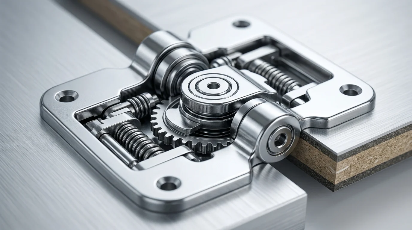 Detailed close-up of a high-tech mechanical hinge assembly.