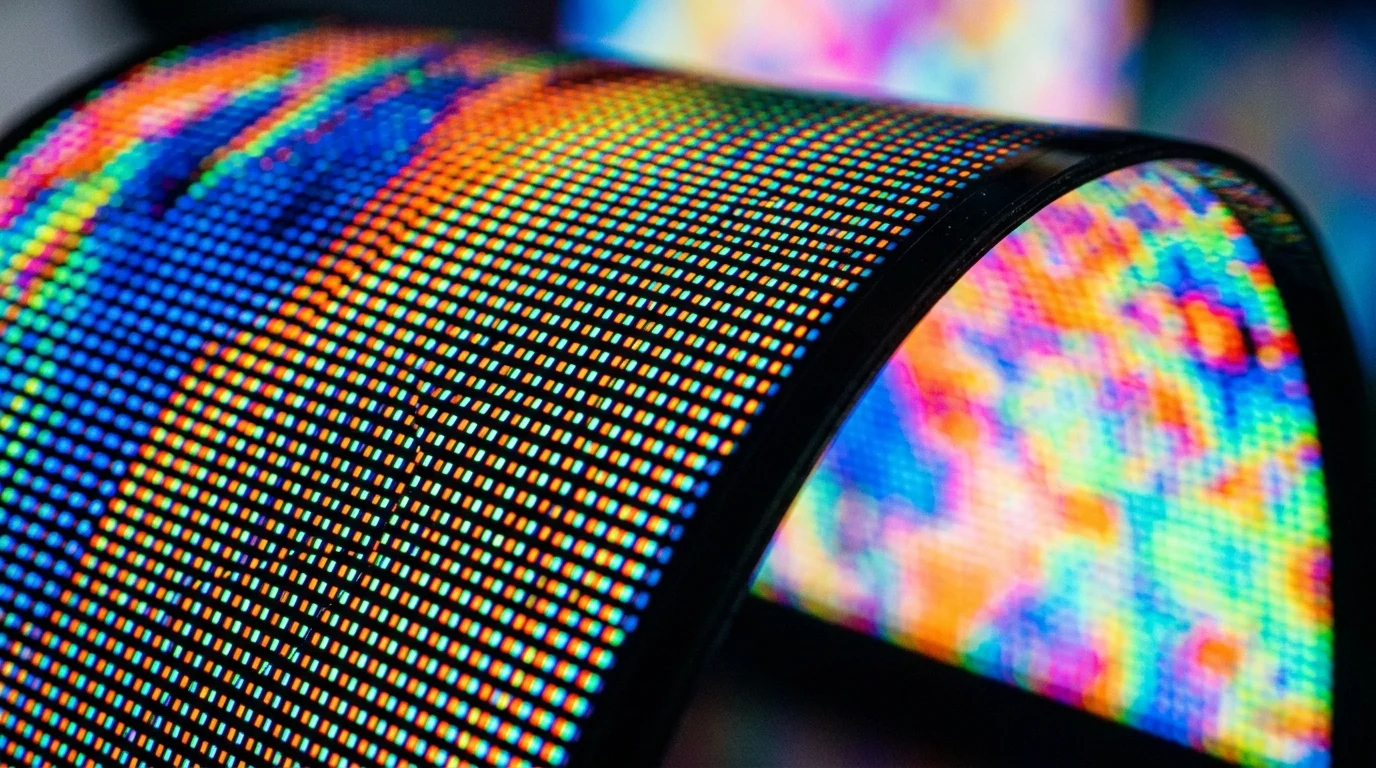 Macro view of a vibrant flexible OLED display panel.