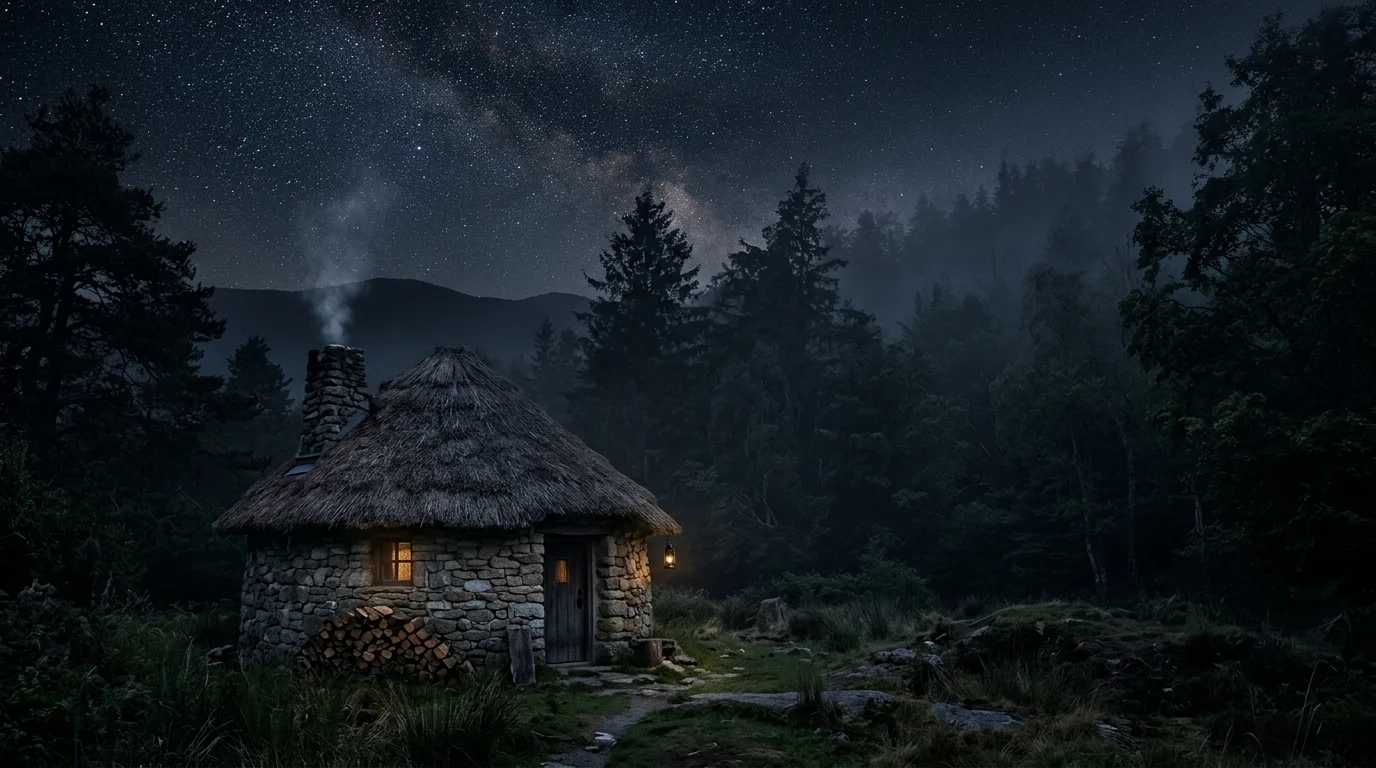 Nick Frost Receives Robbie Coltrane Family Blessing for Hagrid Role in HBO’s Harry Potter 2 A stone hut at the edge of a misty forest under the anonymous silhouettes.