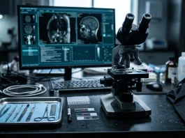 A conceptual clinical workspace with forensic tools and medical displays.
