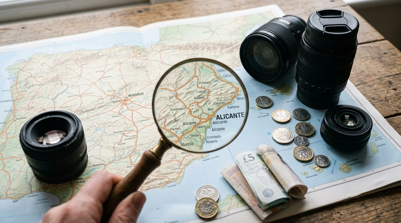 A magnifying glass over a map of Alicante and British banknotes.