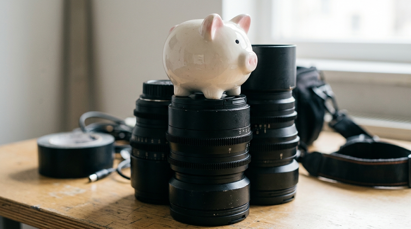 A piggy bank placed on top of professional camera gear.
