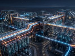 Conceptual rendering of a futuristic AI data center and infrastructure facility.