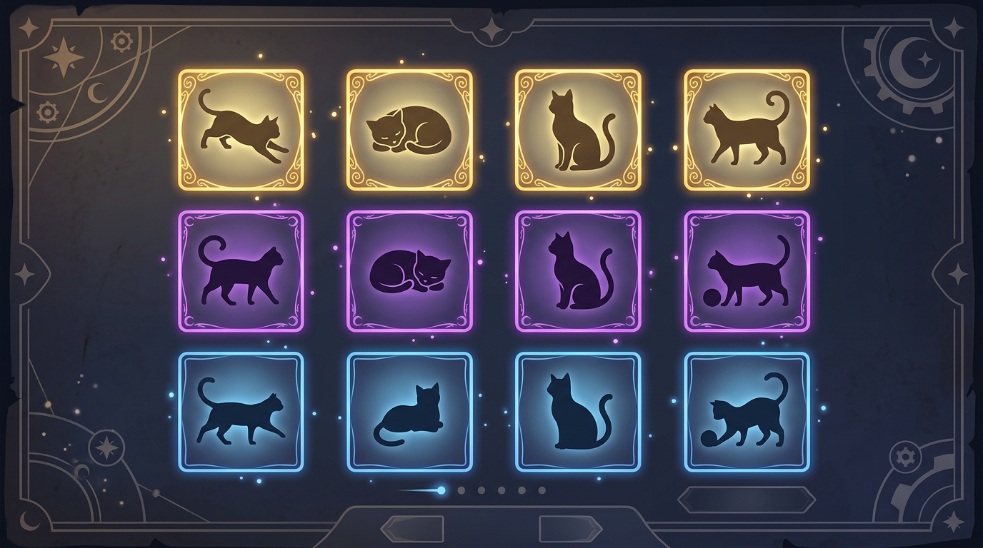 A conceptual digital grid showing character silhouettes with colored rarity borders.