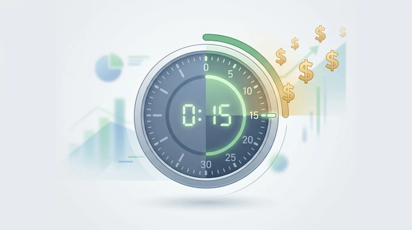 Conceptual illustration of a 15-second timer representing ad revenue eligibility.
