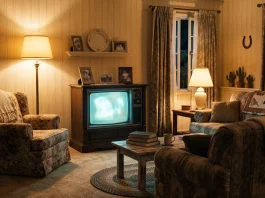 Conceptual representation of a 1990s Texas living room and television.