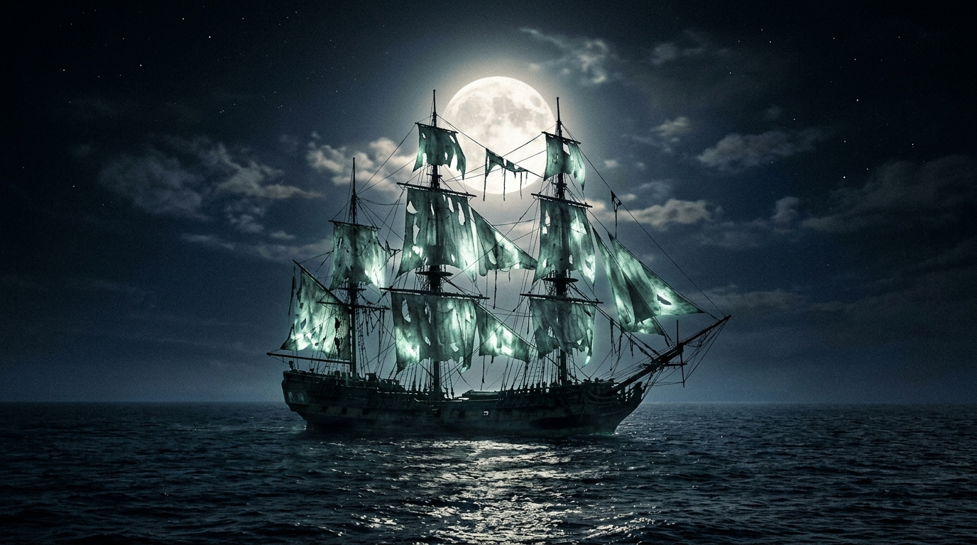 Translucent sails of a phantom ship on a dark sea under moonlight.