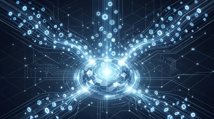 Conceptual illustration of digital credits flowing into a central hub representing .