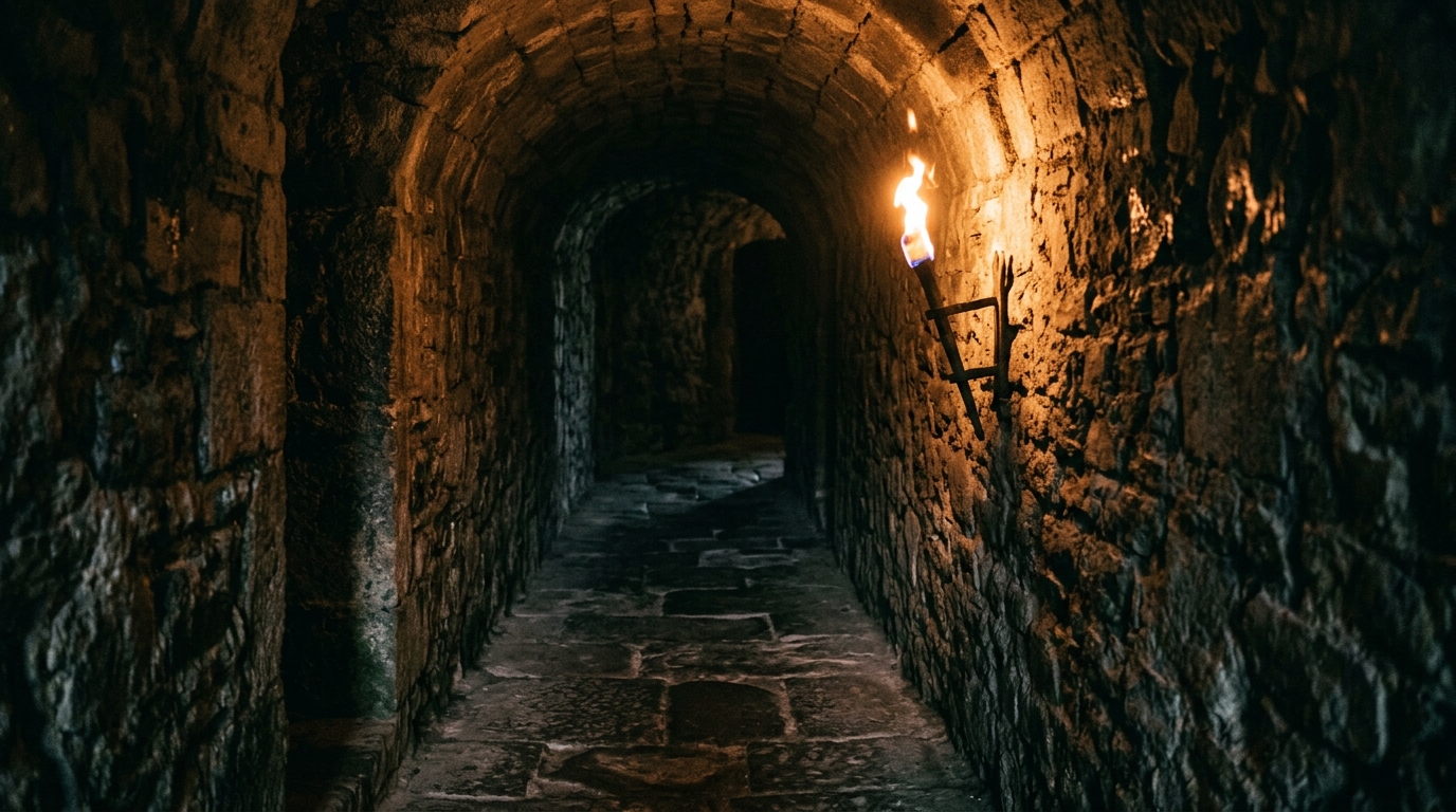 A torchlit stone hallway in a medieval castle.