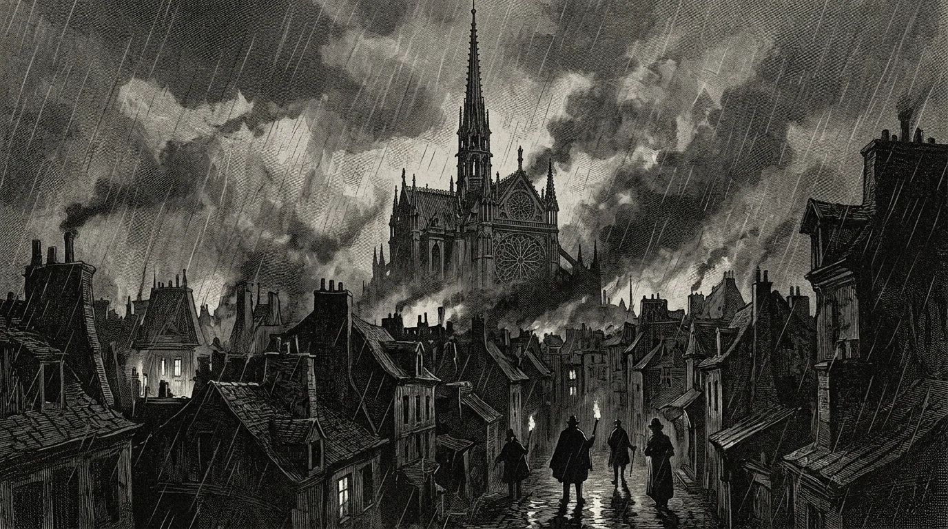 A silhouette of a cathedral spire in a smoky historical setting.