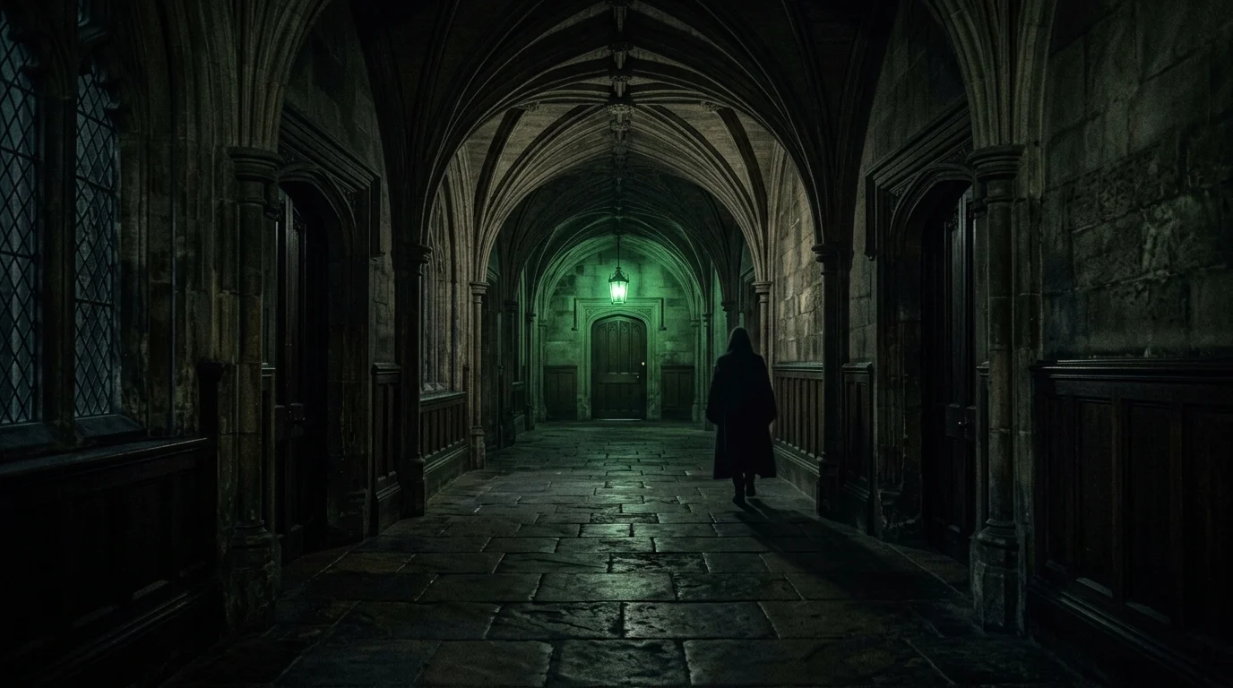 A dark, moody gothic hallway with long shadows.