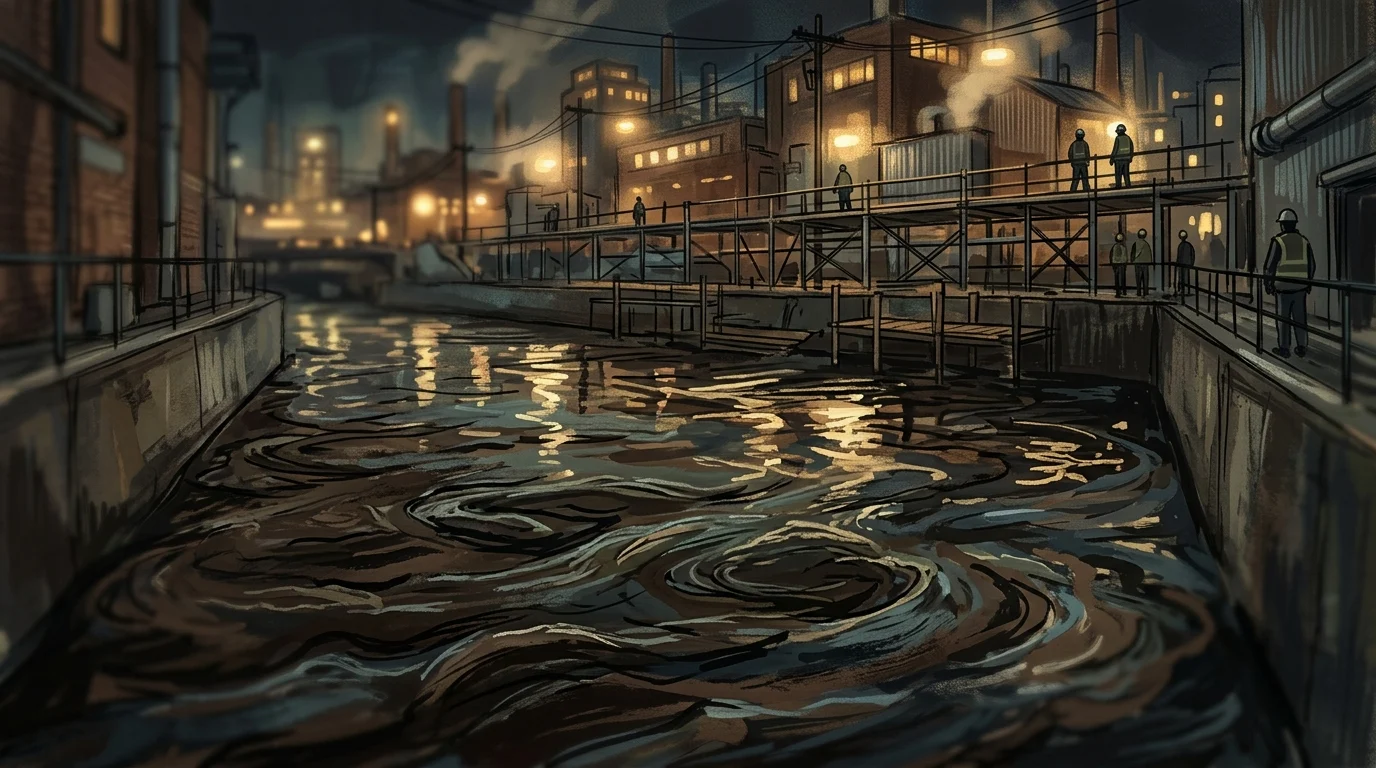 Dark swirling water in an urban canal at night.