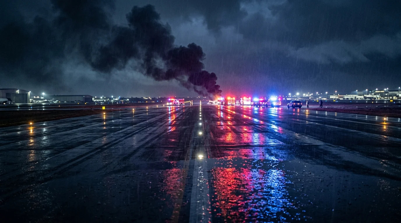 A conceptual rendering of a rainy runway emergency at night with smoke and flashing lights