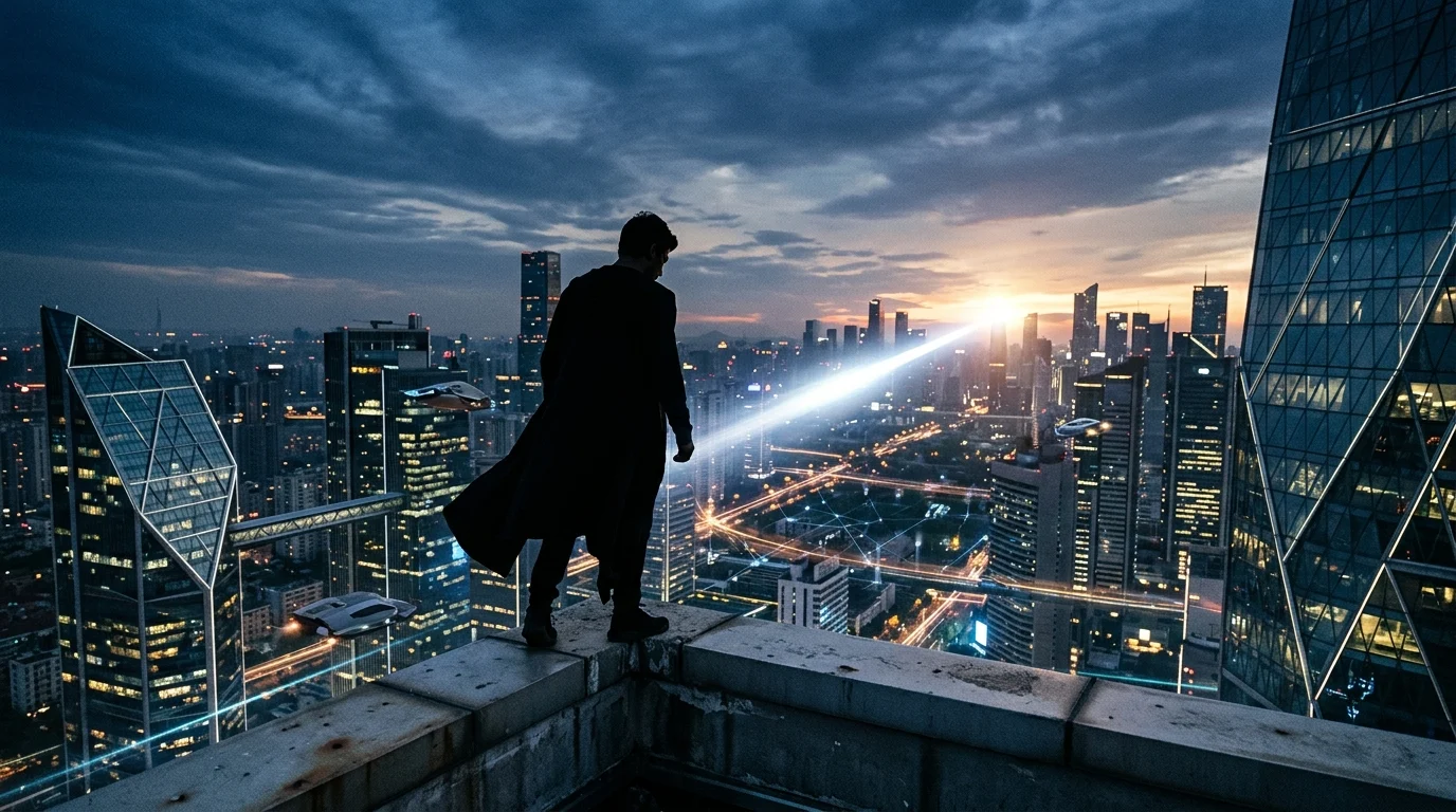 Conceptual silhouette of a hero overlooking a dark city.