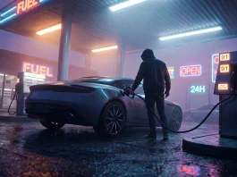 A conceptual depiction of a modern car at a neon-lit gas station at night.