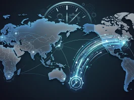 Stylized global map with a digital clock face highlighting time zone differences for a game launch.