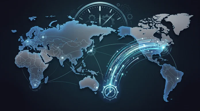 Stylized global map with a digital clock face highlighting time zone differences for a game launch.