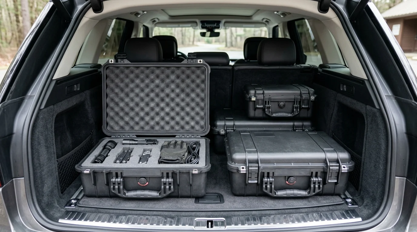 A luxury car trunk used for storing equipment and weapons.