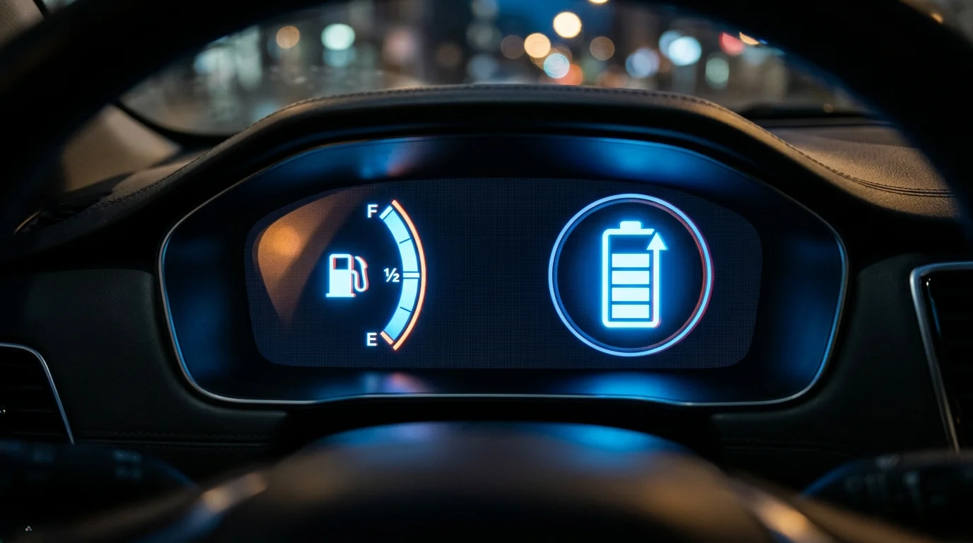A stylized digital dashboard showing fuel and battery levels.
