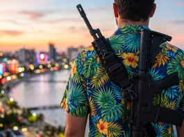 A close-up of a rifle slung over a character's shoulder in a coastal setting.