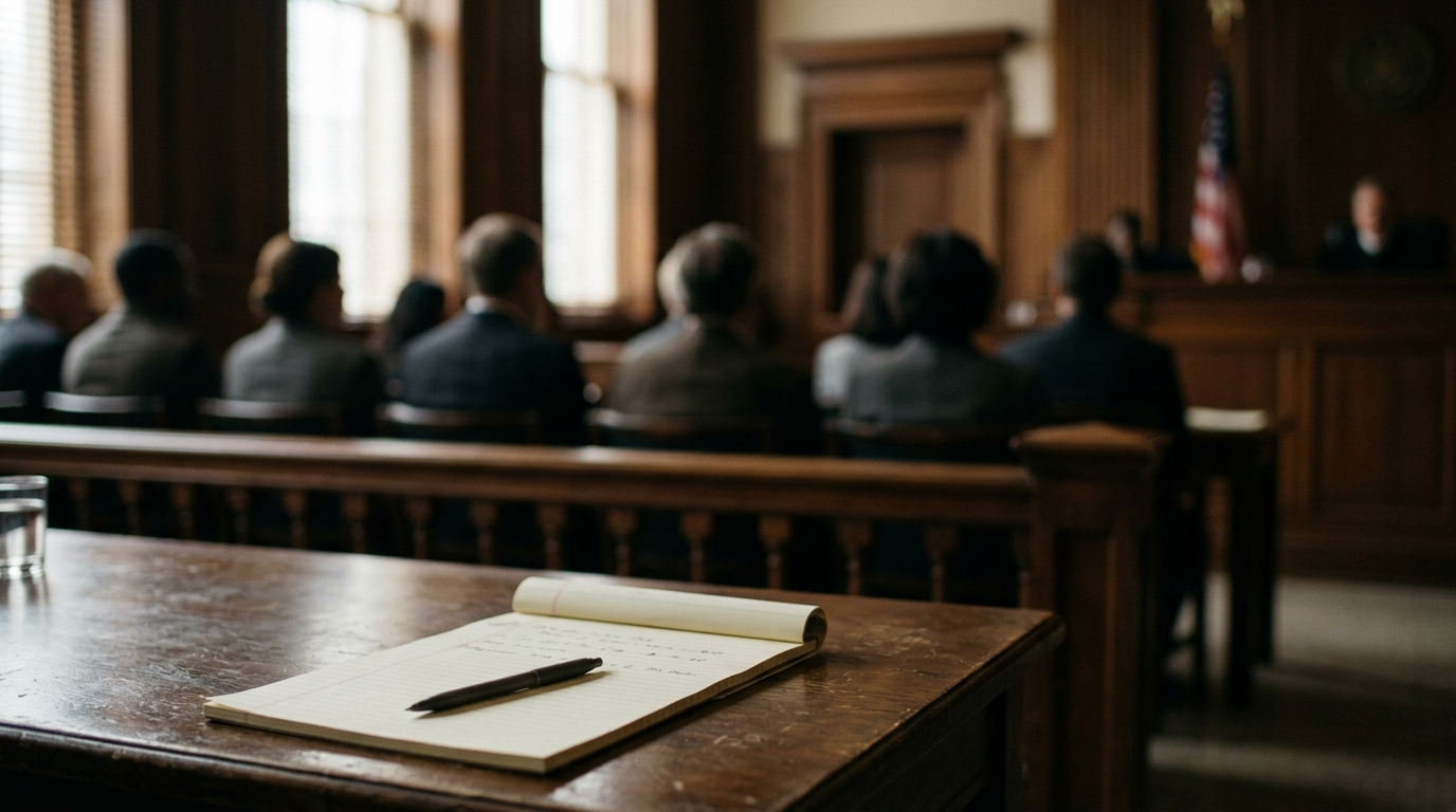 Conceptual representation of a jury box and legal notepad.