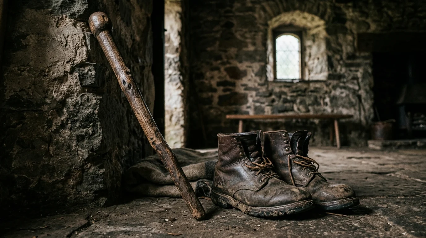 Nick Frost Receives Robbie Coltrane Family Blessing for Hagrid Role in HBO’s Harry Potter 1 A giant-sized wooden staff and boots against a stone wall.